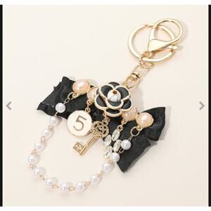 Black Flower Pearl & Number Five Charm Bag Charm /Keychain